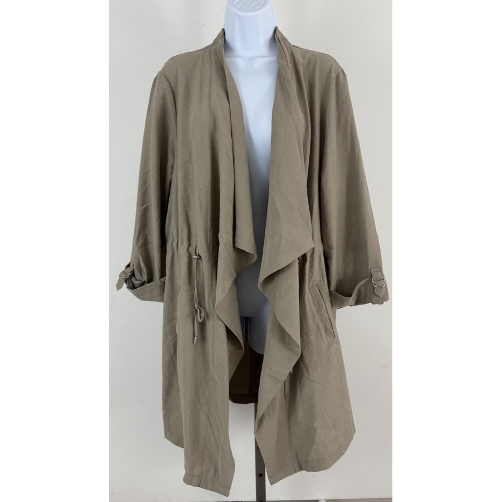 NICOLE MILLER Khaki Color Rayon Blend Open Front Jacket Roll Sleeve Sz XL NWT